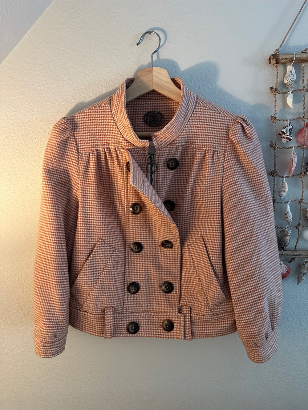Women's Pink Houndstooth Double-Breasted Pea Coat